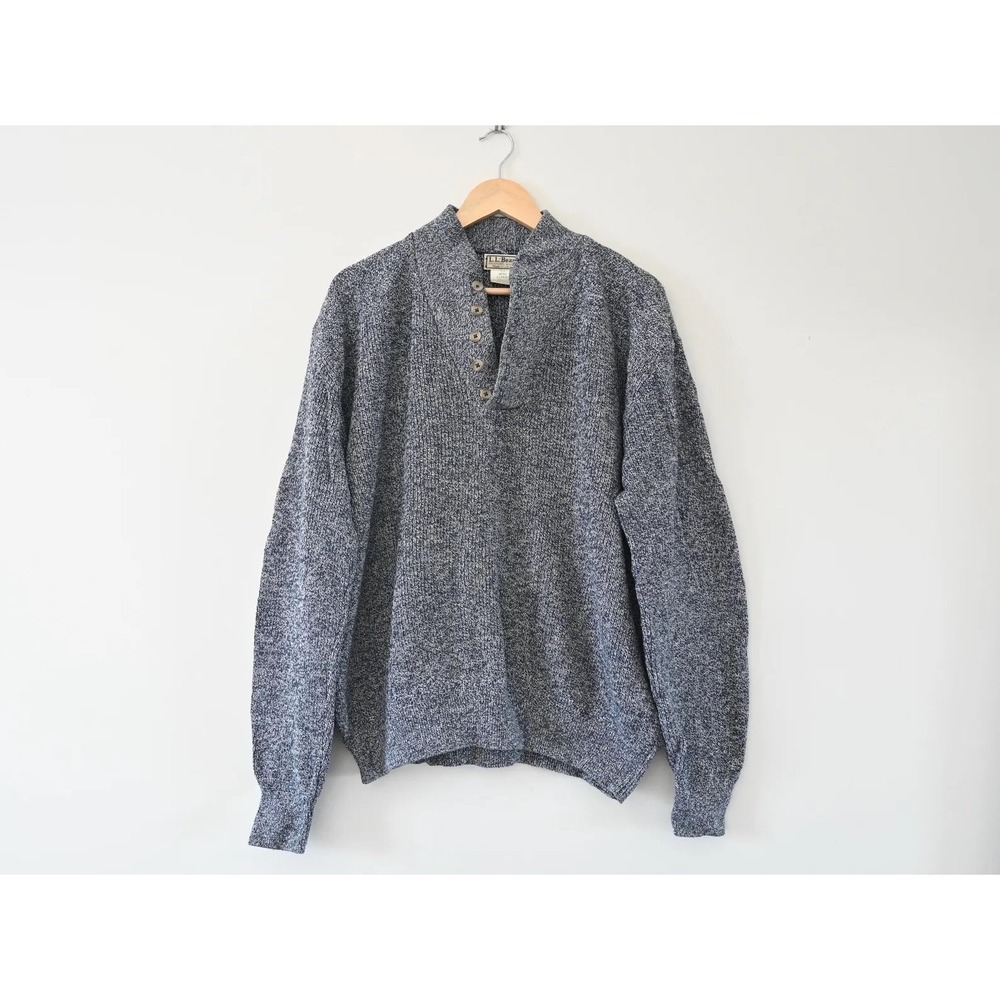 Vintage LL Bean Mens XL Blue Marled Cotton Blend Button Neck Sweater Made in USA